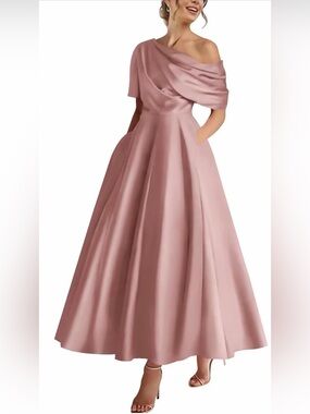 Elegant One Shoulder Satin Evening Dress in Dusty Rose Sz 16